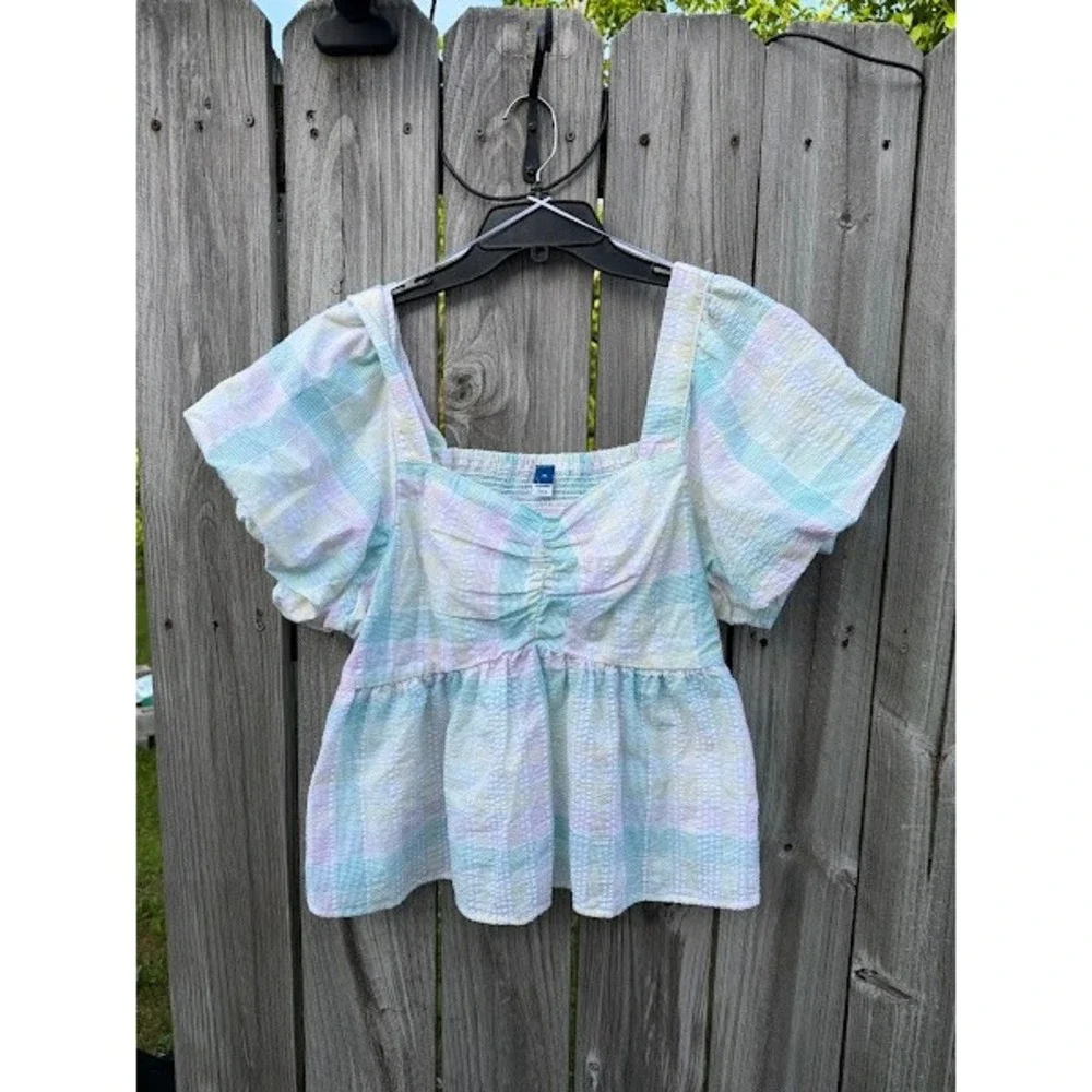 Old‎ Navy Pastel Plaid Seersucker Babydoll Top XL Puff Sleeve Square Neck Peplum